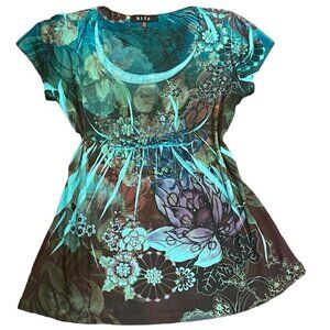 B.L.E.U. Short Sleeve Tunic Top Floral Beaded/Studded Ruffle Sz M #233B